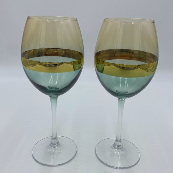 Green/Brown Tinted Wine Glasses with Gold Band, Set of 2, 9.25" Tall